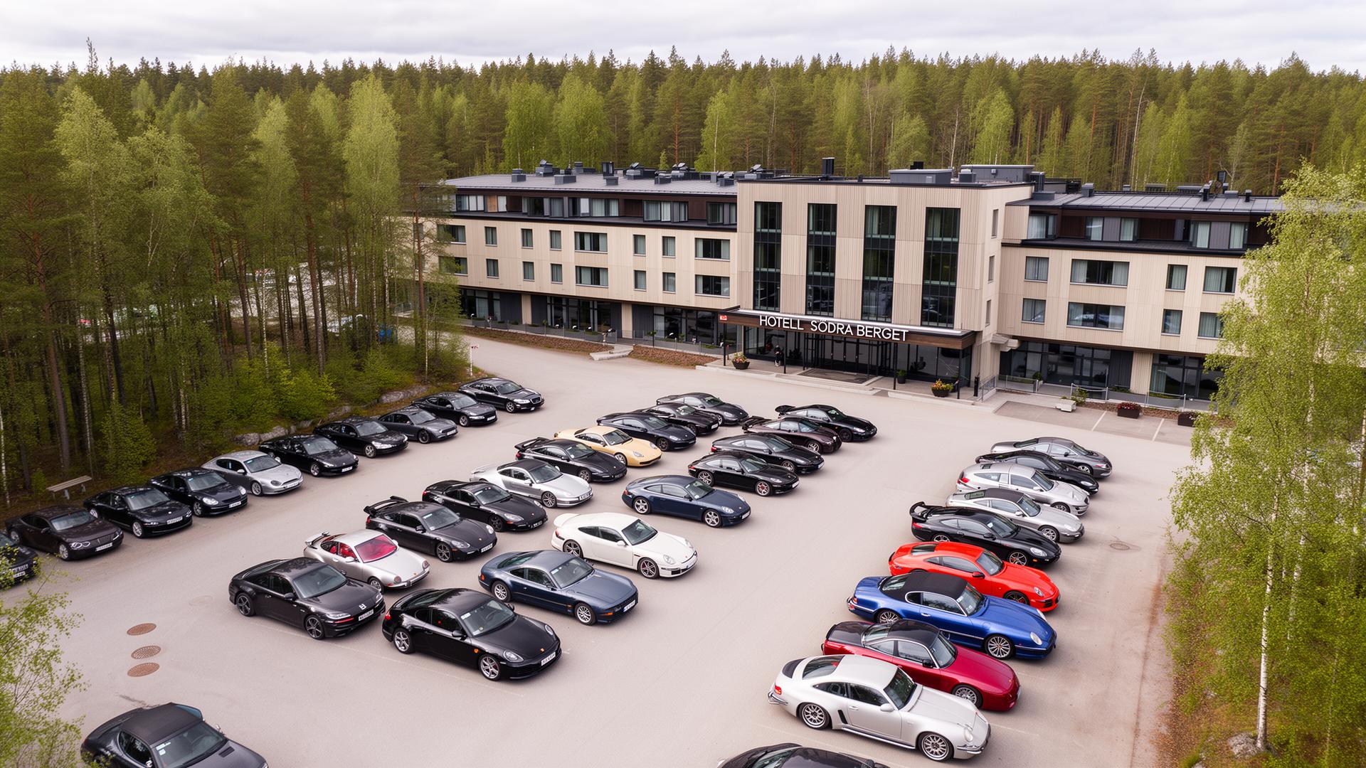 Drönarvy över parkeringen vid Hotell Lappland med rader av entusiastbilar