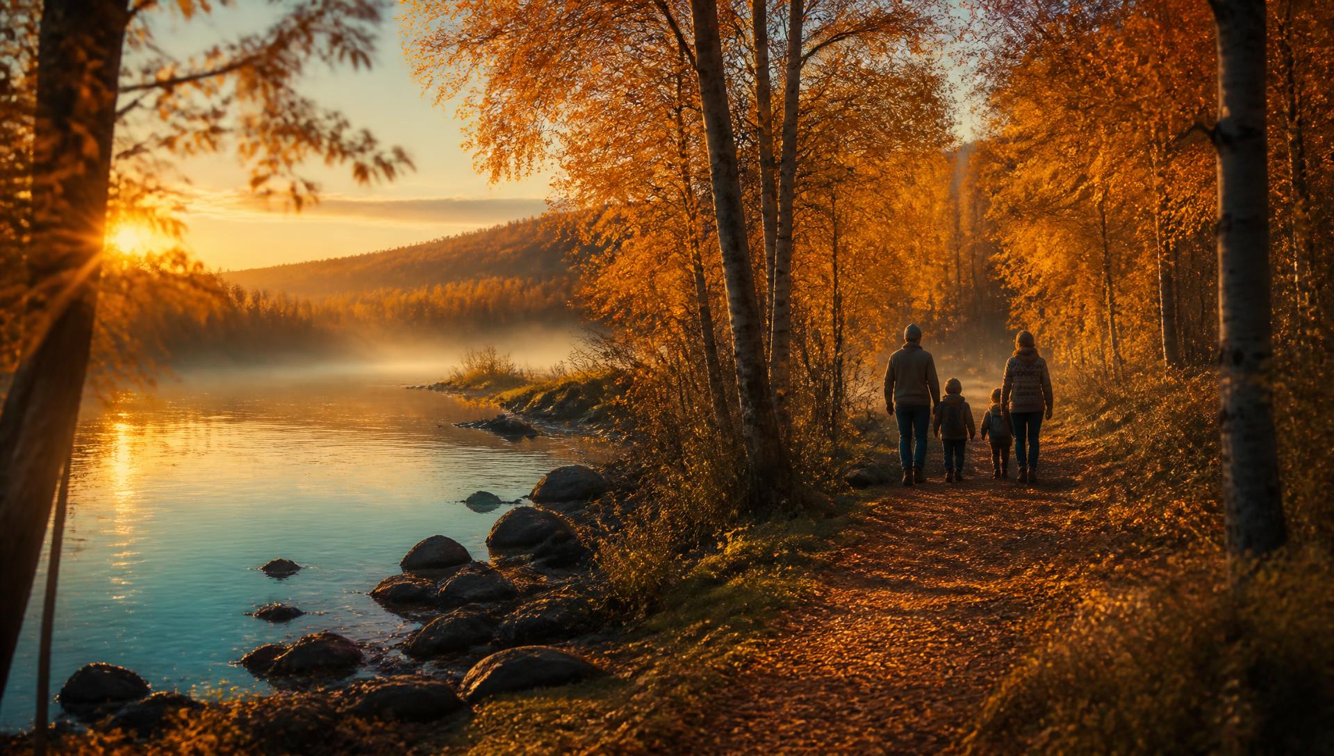 Familj på höstpromenad vid älven i Lycksele under höstlovet