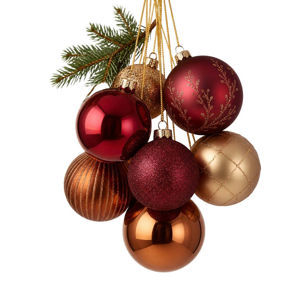 Julgranskulor i rött och guld