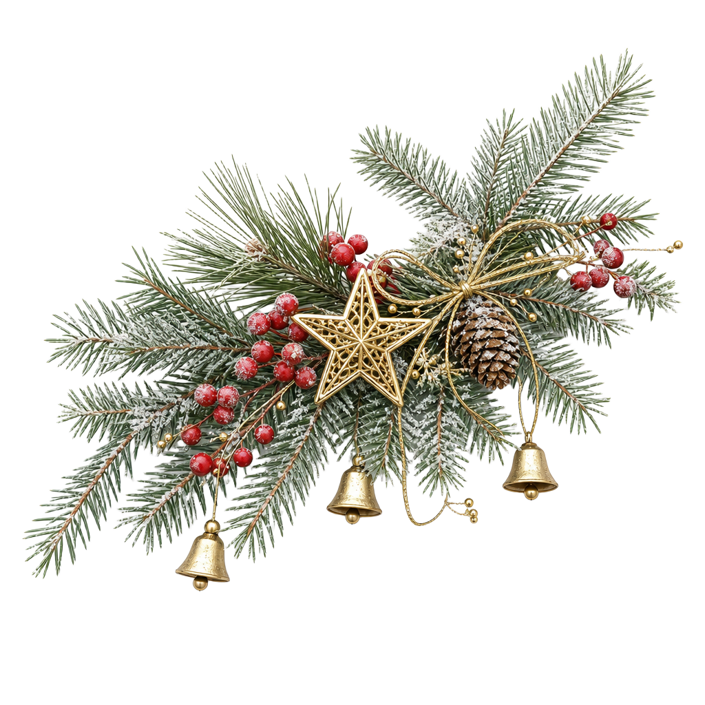 Julgranskvistar med guldstjärna och bär