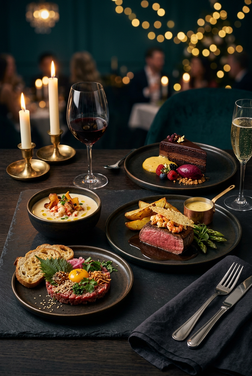 Nyårsmiddagens fyra serveringar: råbiff, hummersoppa, surf and turf och chokladkaka