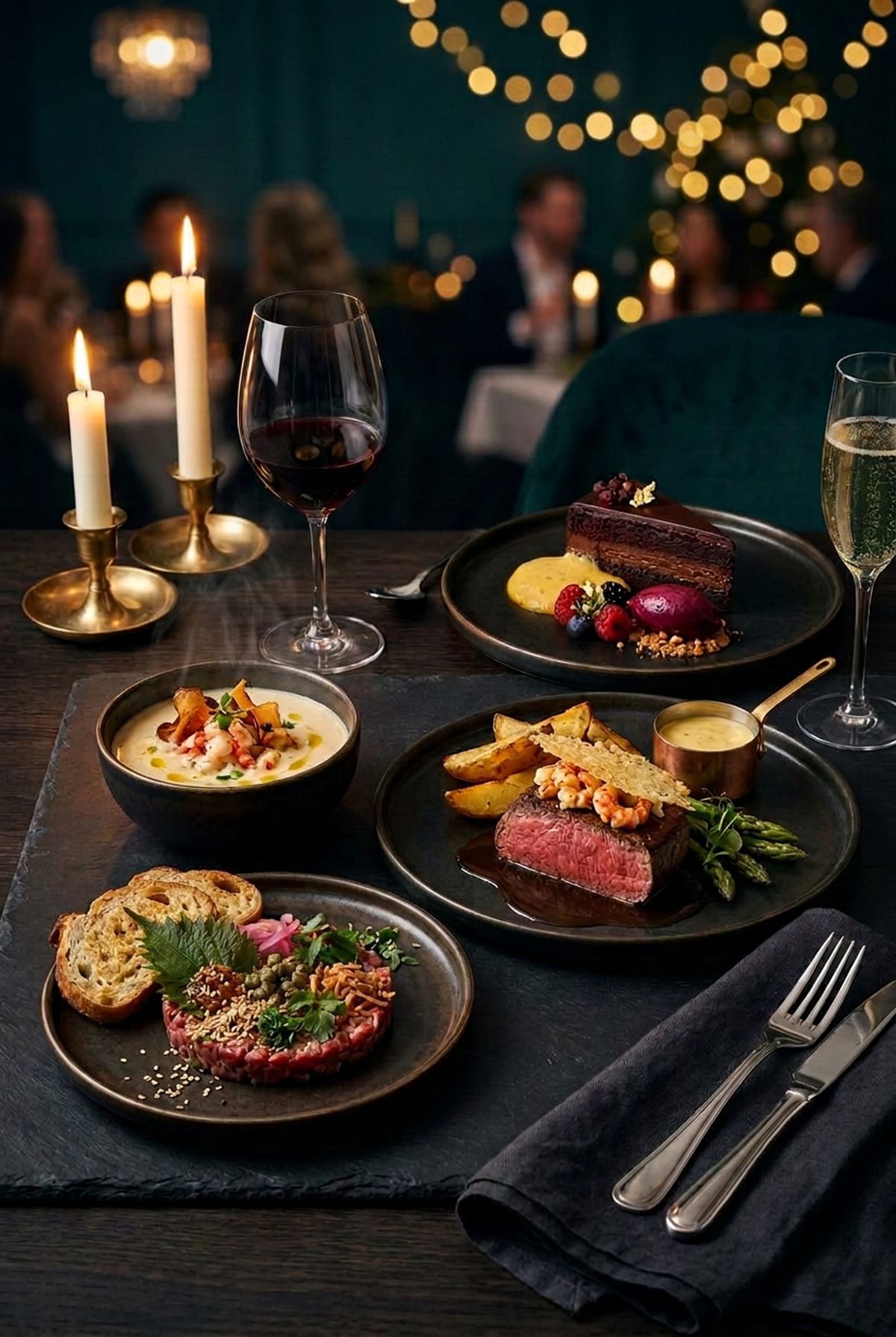 Nyårsmiddagens fyra serveringar: råbiff, hummersoppa, surf and turf och chokladkaka