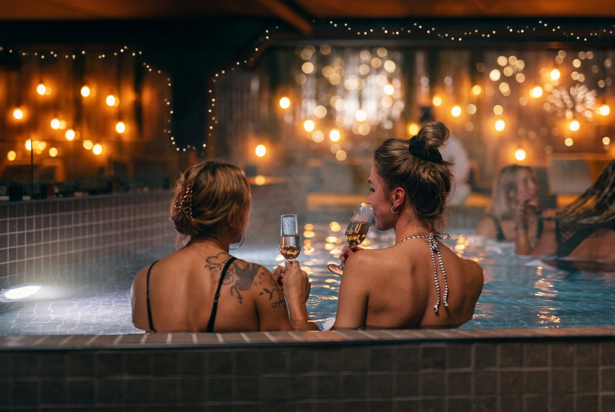 Gäster skålar i varm poolmiljö på Sele Spa Club